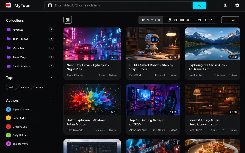MyTube web UI showing collections, tags, authors, and a video library grid