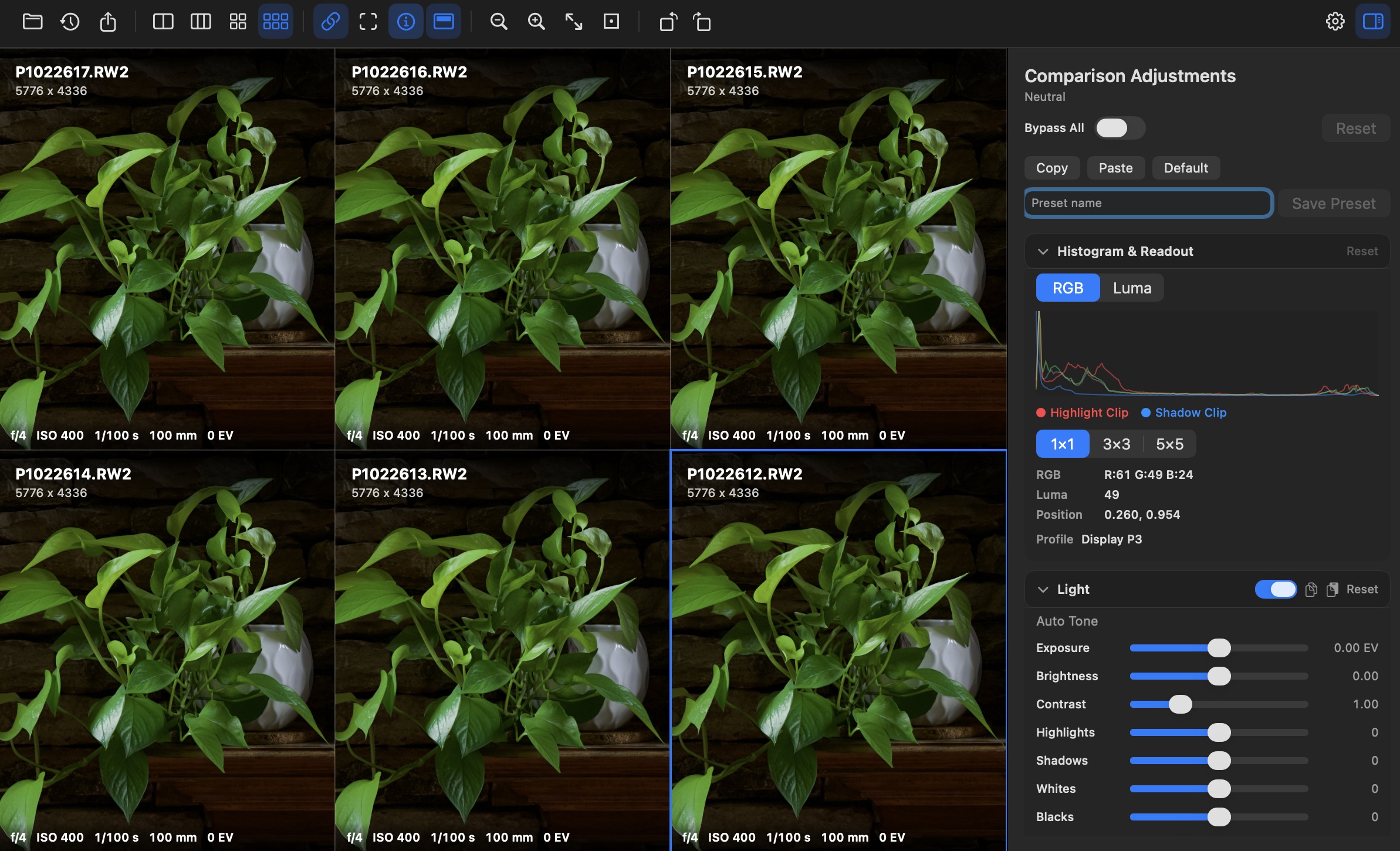 RawComp window showing a multi-pane image comparison layout